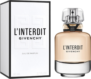 Perfumy L'Interdit Givenchy Eau de Parfum: butelka z beżowym płynem, czarną wstążką i białe pudełko.