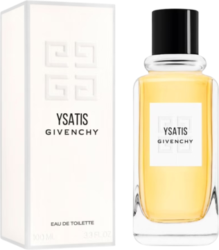 Ysatis Givenchy Eau de Toilette: przezroczysty flakon ze złocistym płynem, białe pudełko. Widok z przodu.