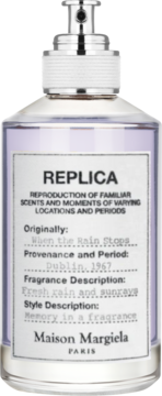 Perfumy Replica When The Rain Stops, Maison Margiela, fioletowa butelka z etykietą, widok z przodu.