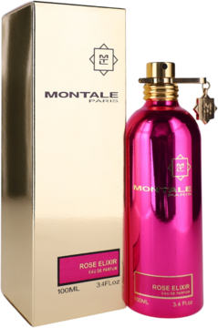 Montale Rose Elixir Eau de Parfum w fuksjowej butelce 100ml ze złotymi detalami, obok złote pudełko.
