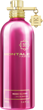 Różowy flakon Montale Rose Elixir Eau de Parfum, złote detale, widok z przodu na czarnym tle.