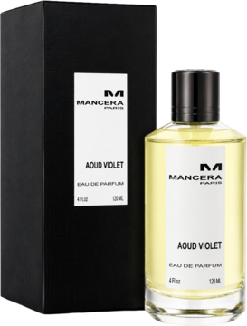 Mancera Aoud Violet woda perfumowana, żółta butelka i czarne pudełko, widok z przodu na ciemnym tle.
