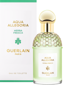 Guerlain Aqua Allegoria Herba Fresca: zielona butelka z wzorem plastra miodu i białe pudełko EDT, widok z przodu.