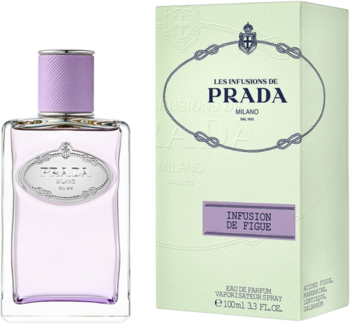 Prada Infusion de Figue EDP, fioletowa butelka i jasnozielone pudełko z logo, widok z przodu, obok siebie.