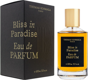 Thomas Kosmala Bliss in Paradise Eau de Parfum, złoty płyn w szklanej butelce i ciemne pudełko obok.