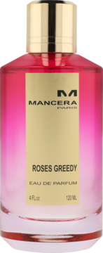 Mancera Roses Greedy EDP, butelka z różowym płynem, złota etykieta i korek, widok z przodu, 120 ml.