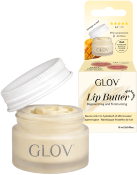 Otwarte beżowe masełko do ust GLOV Lip Butter z BioRetinolem, widoczna kremowa konsystencja, obok pudełko z mango.