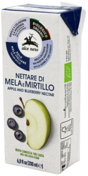 Alce Nero organic apple & blueberry nectar, 200ml carton with apple slice, blueberries, paper straw.