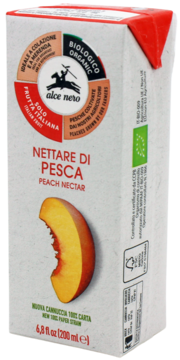 Alce Nero organic peach nectar carton, 200ml. Front view of white box with half peach, Italian fruit.