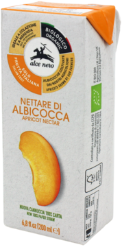 Alce Nero organic apricot nectar, white 200ml carton, orange top, half apricot image, paper straw, front view.