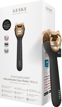GESKE SmartAppGuided MicroNeedle Face Roller 9w1, czarno-złoty, w białym pudełku z akcesoriami, widok z boku.