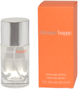 Clinique Happy woda perfumowana, przezroczysta butelka z atomizerem i pomarańczowe opakowanie z logo, widok z przodu.