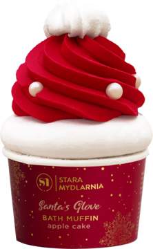 Stara Mydlarnia Santa's Glove, czerwona świąteczna muffinka do kąpieli z białym "kremem" i perełkami, widok z przodu.