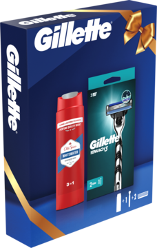 Niebieski zestaw prezentowy Gillette Mach3: maszynka, 2 wkłady i czerwony Old Spice Whitewater 3w1, widok z przodu pod kątem.
