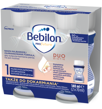 Bebilon Profutura DUOBIOTIK 1, 4-pak białych butelek 70ml mleka początkowego w płynie, widok z przodu opakowania.