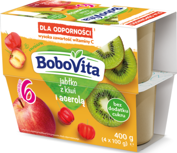 BoboVita mus jabłko-kiwi-acerola 4x100g, żółte opakowanie z owocami, dla dzieci 6m+, widok z przodu.