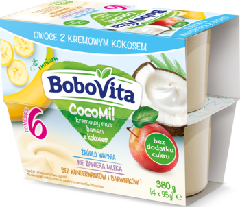 BoboVita CocoMil, 2-pak musu bananowo-kokosowego dla niemowląt 6m+, białe kubeczki, widok z przodu.