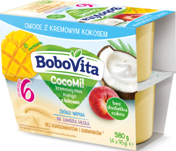 BoboVita CocoMi! kremowy mus mango-kokos dla dzieci 6+, 4 żółte kubeczki, widok z przodu.