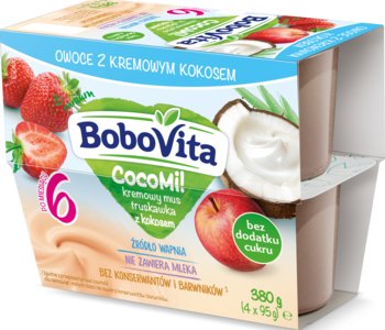 BoboVita CocoMi! mus truskawka kokos dla dzieci 6m+, w białym opakowaniu z truskawkami i kokosem, widok z przodu.