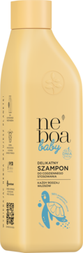 Żółta butelka Neboa Baby Delikatny Szampon dla dzieci, 98% składników naturalnych, z rysunkiem żółwia, widok z przodu.