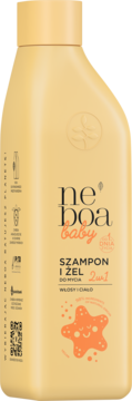 Jasnożółty szampon i żel 2w1 Neboa Baby do włosów i ciała, z przodu uśmiechnięta pomarańczowa rozgwiazda.