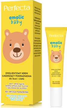 Żółte opakowanie i tuba kremu Perfecta Emolic Baby z misiem, emolientowy krem łagodzący do buzi i ciała.