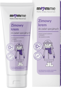 Momme Zimowy krem ochronny dla dzieci 0+ w białej tubce z fioletową szatą graficzną i Kicią Kocią, przód.