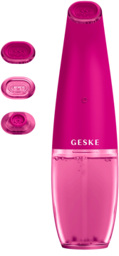 Geske Aqua-Stream Face Cleanser 8w1 w kolorze hot pink, z przezroczystą komorą i trzema wymiennymi końcówkami.