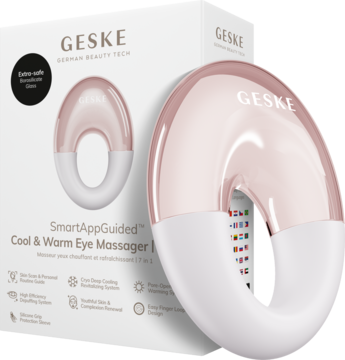 Geske Cool & Warm Eye Massager 7w1 w kształcie O, różowo-biały, na tle białego pudełka. Widok pod kątem.