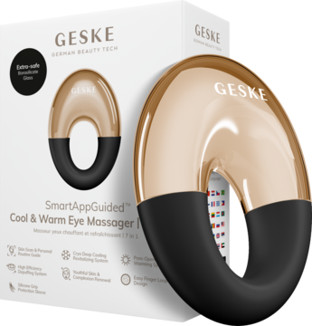 Geske SmartAppGuided Cool & Warm Eye Massager 7w1, złoto-czarny, z białym pudełkiem, widok pod kątem.