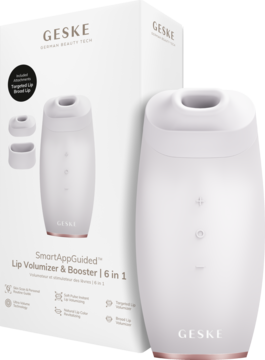 Geske SmartAppGuided Lip Volumizer & Booster 6w1, białe urządzenie z różowym akcentem obok pudełka.