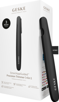 Geske Precision Trimmer 4w1: czarny trymer SmartAppGuided w otwartym białym pudełku, widok z boku.