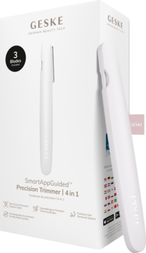 Białe pudełko trymera Geske SmartAppGuided 4w1 z aplikacją, z widocznym białym urządzeniem i napisem '3 Blades Included'.