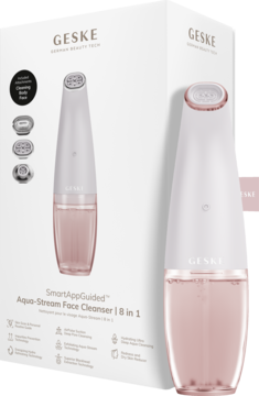 Geske Aqua-Stream Face Cleanser 8w1, biało-różowy, w pudełku i obok, do usuwania wągrów i nawilżania skóry.