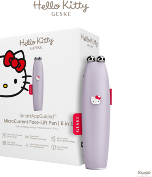 Fioletowy Hello Kitty GESKE MicroCurrent Face-Lift Pen 6w1 z rolkami, obok białego pudełka, widok pod kątem.