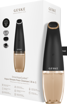 Geske Aqua-Stream Face Cleanser 8w1. Smukłe, czarno-przezroczyste urządzenie do usuwania wągrów, obok białego pudełka.