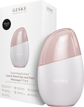 GESKE SmartAppGuided Cool & Warm massager 7w1, biało-różowy, ergonomiczny, z białym opakowaniem, przód-bok.