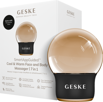 Geske SmartAppGuided Cool & Warm masażer do twarzy i ciała 7w1, okrągła, bursztynowa głowica, na tle pudełka.