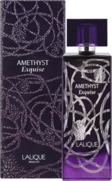 LALIQUE AMETHYST Exquise EDP, fioletowa butelka i pudełko z błyszczącym wzorem gałęzi, widok z przodu.