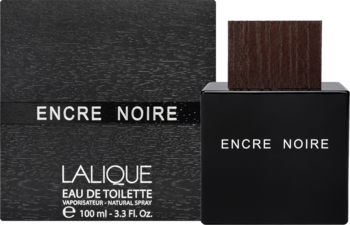 Lalique Encre Noire, czarna woda toaletowa 100 ml, butelka z korkiem o fakturze drewna obok otwartego pudełka.