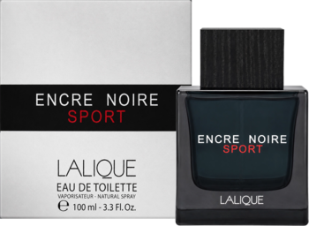 Męska woda toaletowa Lalique Encre Noire Sport 100ml. Ciemna butelka i biały kartonik z czarno-czerwonym napisem.