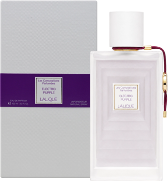 Owocowo-ziołowa woda perfumowana Lalique Electric Purple. Biała butelka z geometrycznym wzorem obok fioletowo-białego pudełka.