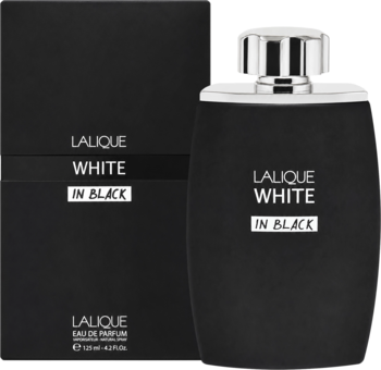Lalique White in Black Eau de Parfum, czarny, opływowy flakon z srebrnym korkiem, obok pudełka, widok z przodu.