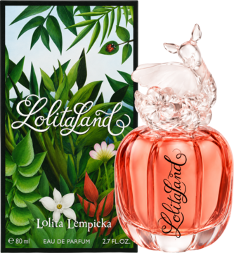 Flakon LolitaLand EDP w odcieniu koralu z rzeźbionym korkiem-ptakiem, widoczny obok pudełka w tropikalne liście.