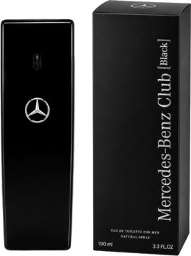 Czarna woda toaletowa Mercedes-Benz Club Black dla mężczyzn, flakon z logo i kartonik, widok z przodu.