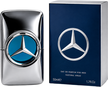 Srebrna butelka Mercedes-Benz Bright EDP z niebieskim logo i granatowe pudełko, widok z przodu na produkt i opakowanie.