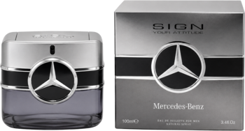 Mercedes-Benz Sign woda toaletowa, widok przodu kwadratowej szaro-srebrnej butelki z logo i szarego opakowania.