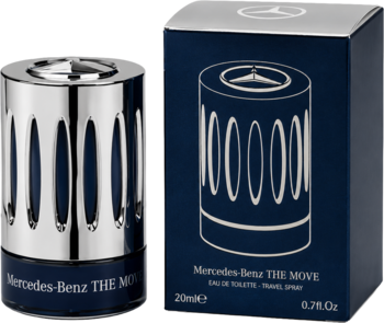 Flakon Mercedes-Benz THE MOVE Eau de Toilette z metalową nakrętką i granatowym pudełkiem, widok z przodu.