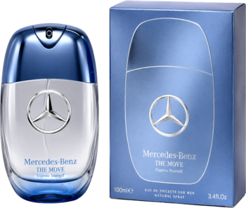 Męskie perfumy Mercedes-Benz The Move w niebiesko-srebrnym flakonie z logo i eleganckim niebieskim pudełku, widok pod kątem.