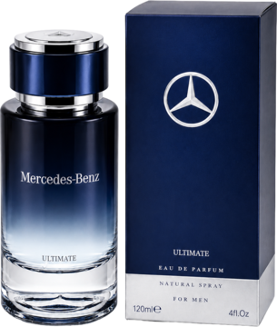 Woda perfumowana Mercedes-Benz Ultimate dla mężczyzn, butelka z niebieskim gradientem i niebieskie pudełko z logo.